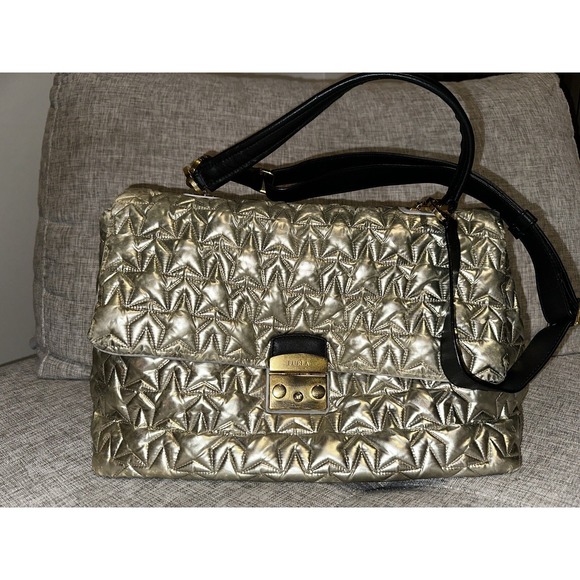 Furla Purse Large Silver Quilted‎ Stars Gold Hardware Shoulder Designer Arctic - Picture 1 of 16